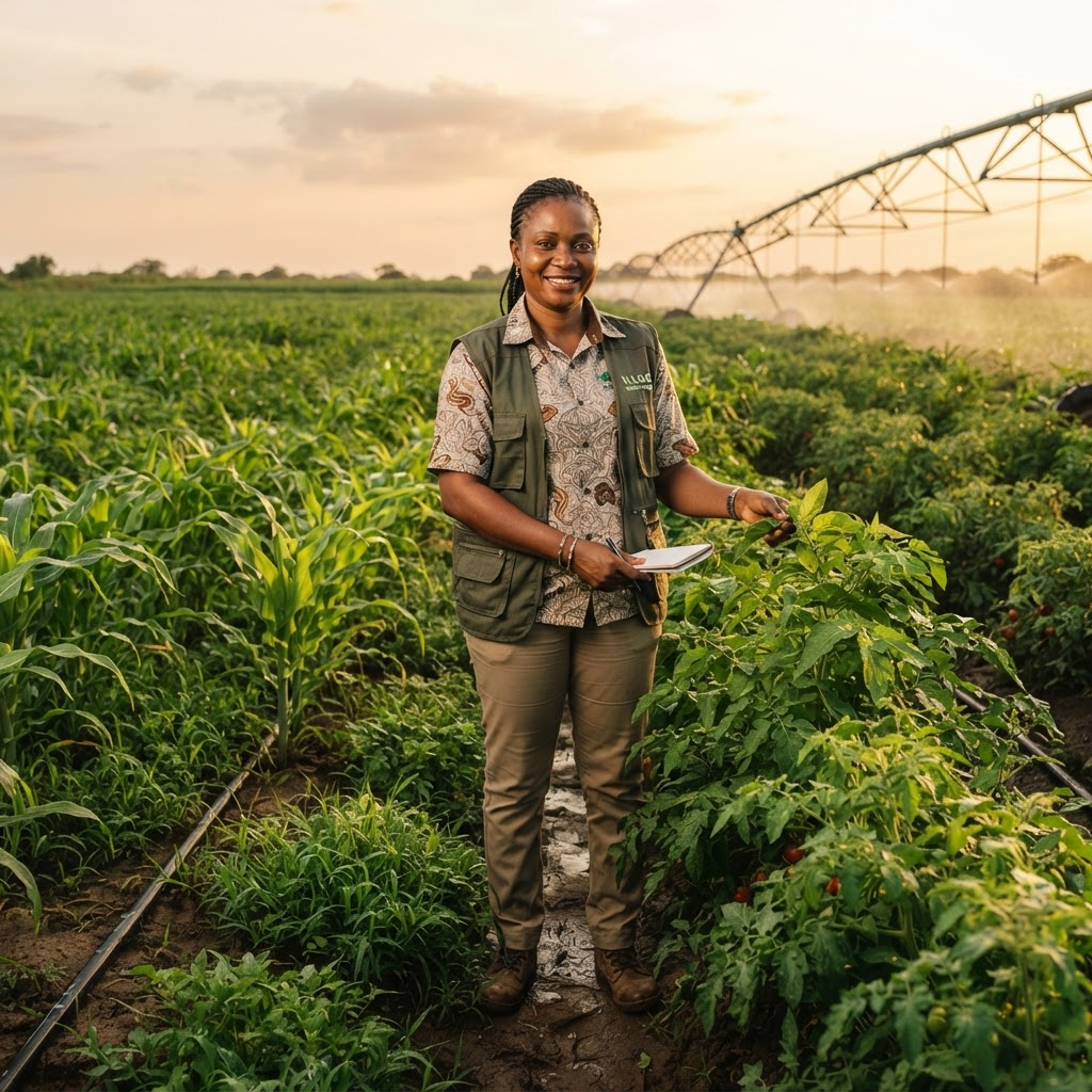 Agricultural worker inspecting healthy crops in a Nigerian field