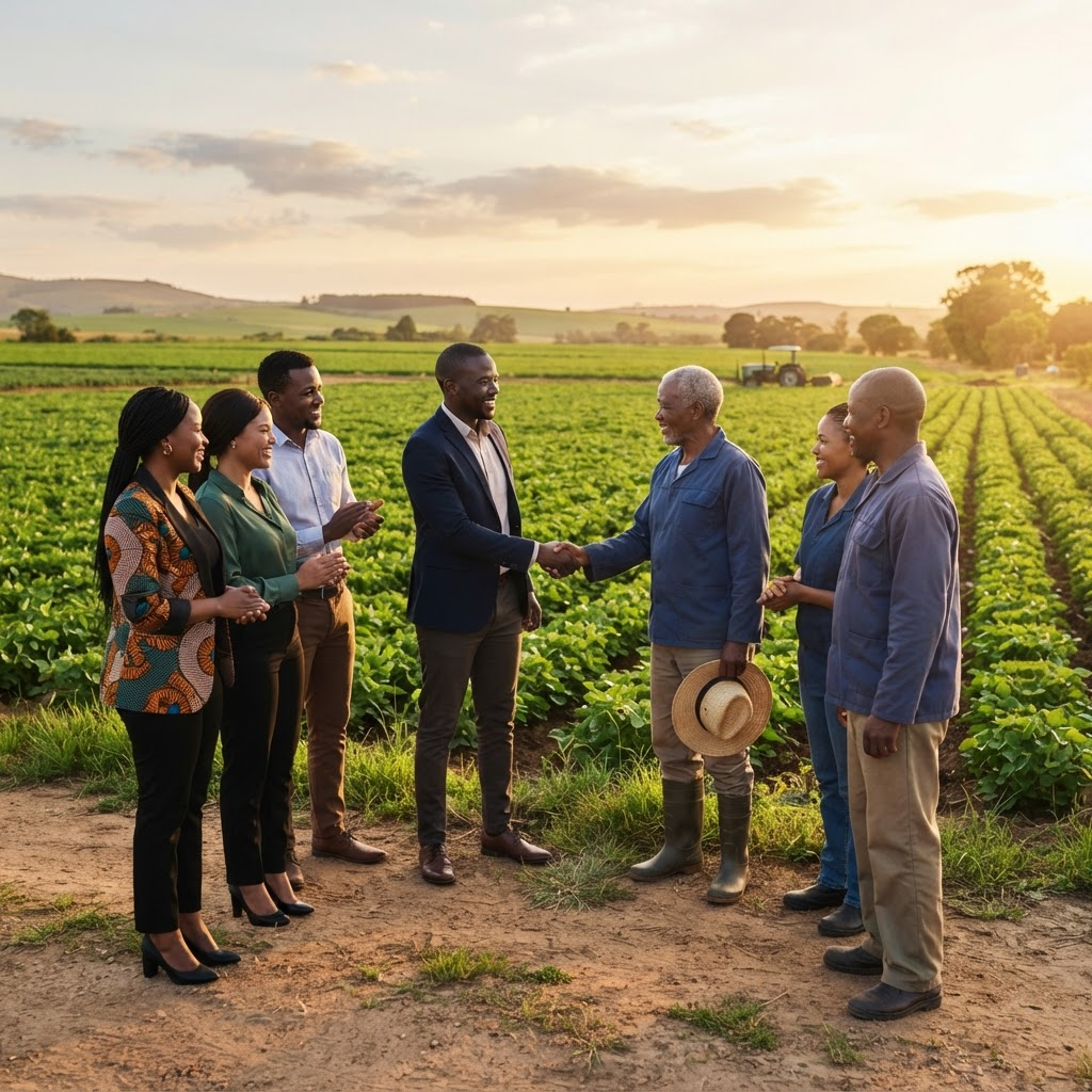 Diverse group of Nigerian business people and farmers collaborating